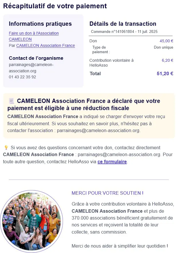 Photo don à l'association Caméléon